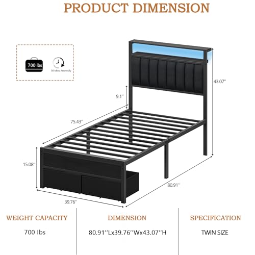 Twin Bed Frames with Storage Drawers and Upholstered Headboard | Metal Platform Bed with Charging Station, LED Lights, 2 Tier Shelves, Fabric Drawers. No Box Spring Needed, Noise Free, Grey - size: Twin