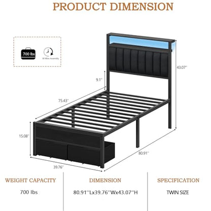 Twin Bed Frames with Storage Drawers and Upholstered Headboard | Metal Platform Bed with Charging Station, LED Lights, 2 Tier Shelves, Fabric Drawers. No Box Spring Needed, Noise Free, Grey - size: Twin