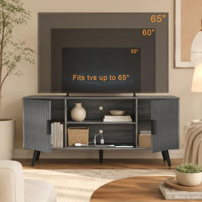 Lightdot 55" Gary Small TV Stand for TVs Up to 65" with Power Outlet | Mid-Century Modern Media Console with Fluted Side Cabinets & 2 Storage Shelves for Living Room Bedroom Entrance - color: Gray Oak/55"