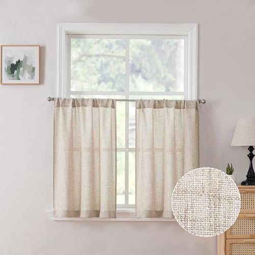 Tollpiz Short Linen Tier Curtains Rod Pocket Semi Sheer Half Kitchen Curtain Burlap Light Filtering Thick Linen Drapes for Bathroom, 30 x 24 inches Long, Natural, Set of 2 Panels - color: Natural, size: 30"W x 24"L (Pack of 2)