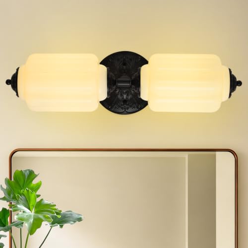 Milk Glass Vintage Bathroom Vanity Light, 2-Light Wall Sconce | 22.4 Inch, LED Bulbs Included, Even Glow, Black Base, Vertical or Horizontal Mounted Wall Sconce for Bathroom Bedroom Hallway - color: Black & White 1 Pack