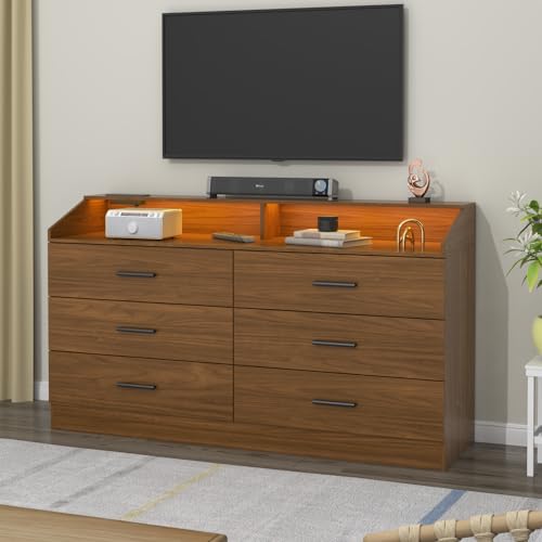 6 Drawer Dresser for Bedroom with Charging Station, Dresser with LED Light | Chest of Drawers for Closet, Modern Dressers with Open Storage Cubby, Double Wide Dressers - color: Walnut