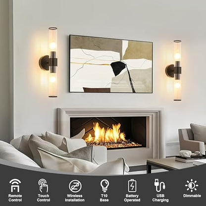 Morauroral Black Battery Operated Wall Sconces Set of 2, Rechargeable Wall Lights with Remote, 20 Inch Modern Wireless Wall Lamp for Bedroom, Living Room with Clear Glass Shade (Bulbs Included) - color: Matte Black
