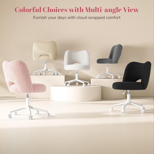 DurayLoly Vanity Chair with Open Back & Wheels,Armless,Pink | Armless,Silent Wheels, Height Adjustable, Soft Teddy Fabric, 360° Swivel for Bedroom Vanity & Home Office, Candy Pink - color: Candy Pink