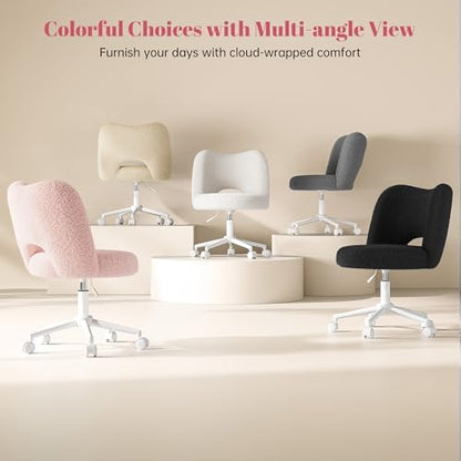 DurayLoly Vanity Chair with Open Back & Wheels,Armless,Pink | Armless,Silent Wheels, Height Adjustable, Soft Teddy Fabric, 360° Swivel for Bedroom Vanity & Home Office, Candy Pink - color: Candy Pink