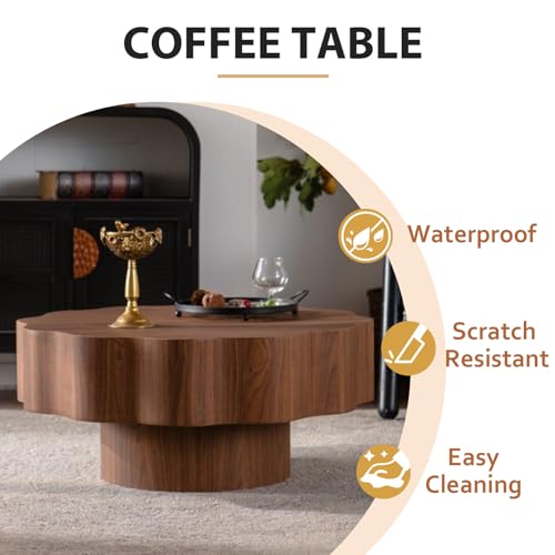 Modern Scalloped Coffee Table 31.5" Round Wood Center Table Wave-Shape Coffee Tea Tables with Pedestal Base for Living Room Apartment Small Space (Walnut) - color: Walnut