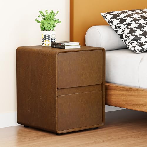 15.8" W Faux Leather Narrow Nightstand, Modern Fully-Assembled Bedside Table with 2 Drawers, Wood Night Stand Small Accent End Table & Side Table for Bedroom, Brown - color: Brown, size: 16in