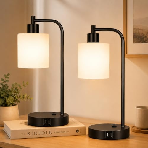Set of 2 Industrial Touch Control Table Lamps with 2 USB Ports and AC Outlet - 3-Way Dimmable Black Bedside Lamp Nightstand Desk Lamps for Bedroom Living Room, Opal Glass Shade & 2 LED Bulbs Included - color: Black(2 pack)-Opal Glass-Touch Control