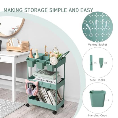 Storage Cart on Wheels, 3 Tier Bathroom Cart Organizer Slim Laundry Narrow Shelf with Wheels Dividers Hanging Cups Hooks Handle Easy Assembly, Green - style: 3 Tier Green