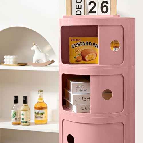 3 Tier Round Nightstand with Drawer, Pink Round Side Table Small Plastic Storage End Table for Bedroom, Living Room, Bathroom - color: Pink