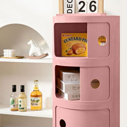3 Tier Round Nightstand with Drawer, Pink Round Side Table Small Plastic Storage End Table for Bedroom, Living Room, Bathroom - color: Pink