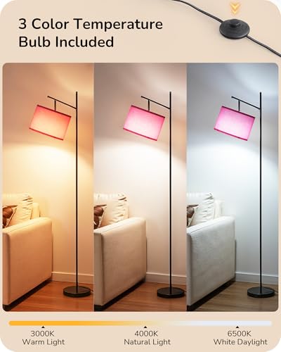 EDISHINE Pink Modern Floor Lamps for Living Room, 64.7" Arc Standing Lamp | 3CCT LED Bulb Included, Adjustable Linen Shade, Foot Switch, Tall Light for Office, Bedroom, Living Room - color: Pink Shade