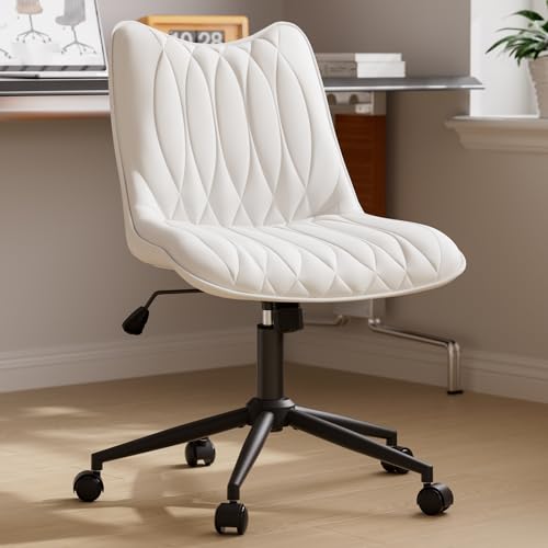 Armless Office Chair, Swivel Rolling Leather Desk Chair, White | Waterproof Upholstery, Padded Seat, 15° Relaxing Tilt, 330 LBS Capacity, for Bedroom Vanity and Computer Work - color: White