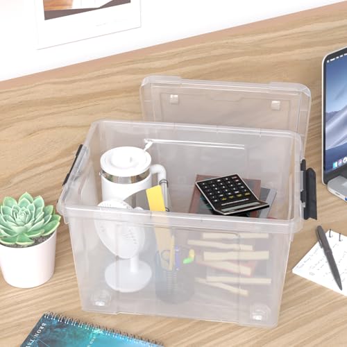 32 Quart Clear Plastic Latch Storage Bins with Wheels, 4 Pack | Large Clear Plastic Storage Box with Lid, Secure Black Side Latches, Built-In Rolling Wheels - size: 32 quart
