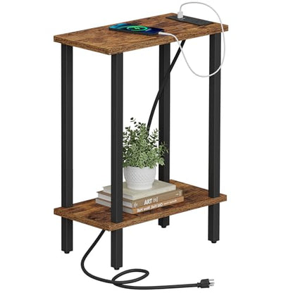 TUTOTAK Narrow Side Table, 2-Tier Small End Table with Charging Station | Skinny Sofa Table, Slim Nightstand, Easy Assembly for Living Room, Bedroom, Brown TB01BB060 - color: Brown, size: 2-tier