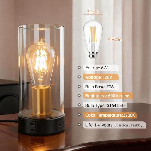 Shenmoyl Industrial Bedside Lamp with USB-A+C Charging Ports & AC Outlet, Small Touch Control Dimmable Table Lamp with Black Glod Base Glass Shade for Bedroom, Nightstand, Dorm, Office, Desk - color: Black-gold
