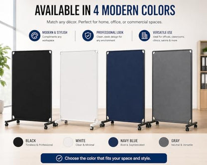 Rolling Room Divider with Wheels, Portable Privacy Screen Partition Wall, Freestanding Office Divider Panel, Non-See-Through Fabric, Locking Casters for Office Home Classroom Clinic, 50" W x 71" H - color: Black