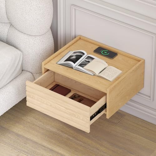 homary Floating Wooden Nightstand with Light & Charging Station, Wall Mounted Nightstand with Drawer, Wireless Charging, USB Ports, Modern Natural Floating Bedside Table for Bedroom