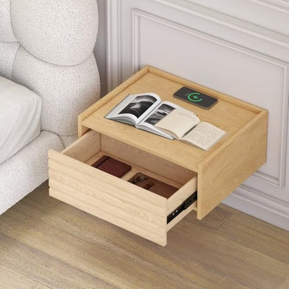 homary Floating Wooden Nightstand with Light & Charging Station, Wall Mounted Nightstand with Drawer, Wireless Charging, USB Ports, Modern Natural Floating Bedside Table for Bedroom