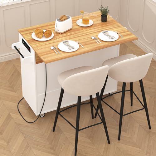 Kitchen Island with Storage, Island Table for Kitchen with Drop Leaf Countertop, Kitchen Cart with Wheels, Storage Rack, a Drawer, Spicy Rack and Towel Bar, Sufficient Countertop Space, White