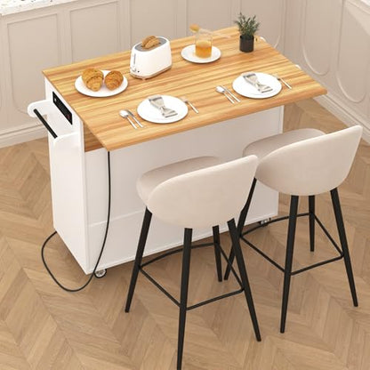 Kitchen Island with Storage, Island Table for Kitchen with Drop Leaf Countertop, Kitchen Cart with Wheels, Storage Rack, a Drawer, Spicy Rack and Towel Bar, Sufficient Countertop Space, White