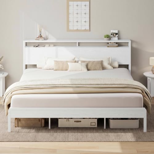 LIKIMIO California King Bed Frames with 2-Tier Storage Shelf Headboard | Wood Platform Bed, Camas California King with Strong Metal Supports, Sturdy, Noise-Free, No Box Spring Needed, White - color: White, size: California King