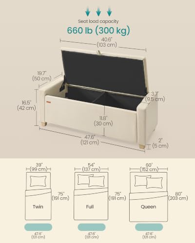 SONGMICS Storage Ottoman, Storage Chest Bench with Legs, End of Bed Bench with Safety Hinges, Pull Tab, for Living Room, Bedroom, 19.7 x 47.6 x 16.5 Inches, Linen-Look Fabric, Summer Sand ULOM511LF01 | Foot Rest with Legs, 19.7 x 47.6 x 16.5 Inches, End o