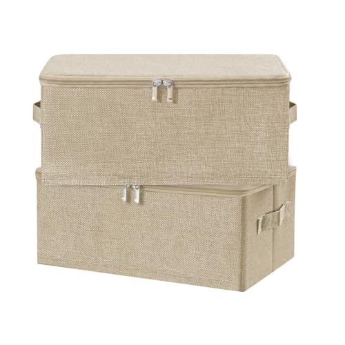 ANMINY Fabric Storage Bins with Zipper Lids, 15"x10"x6", Beige, 2 PCS | 15.6Qt Cotton Linen Storage Box, PP Board Frame, Washable Collapsible, with Handles & 3-side Open Lid, Stackable, Small - color: Beige, size: Small (Pack of 2)
