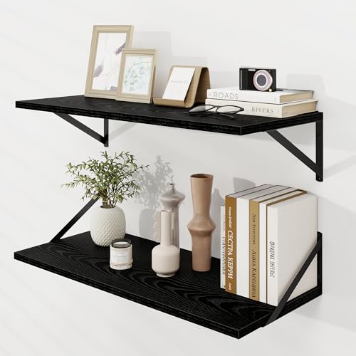Dreamland Wall Mounted Floating Shelves Set of 2, 30x12, Black | Engineered Wood, Visible Bracket, Large Storage, Hold Up to 55lbs, Living Room, Bathroom, Bedroom, Kitchen - color: Black, size: 30"W x 12"D
