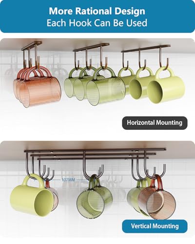 3 Pack Mug Hooks Under Cabinet with 9 Hooks for Displaying Mugs, Brown | Coffee Mug Holder for Hanging Under Shelf, Cup Hanger, Coffee Cups and Kitchen Utensils - color: Brown