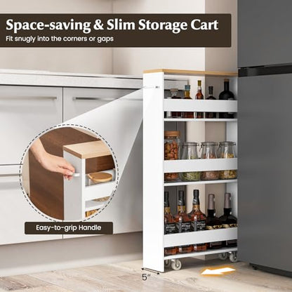 Slim Storage Cart, 4-Tier Rolling Cart with Handle & Wooden Top for Kitchen Bathroom Laundry Living Room Narrow Small Spaces, 5 Inches Width (White & Natural) - color: White & Natural