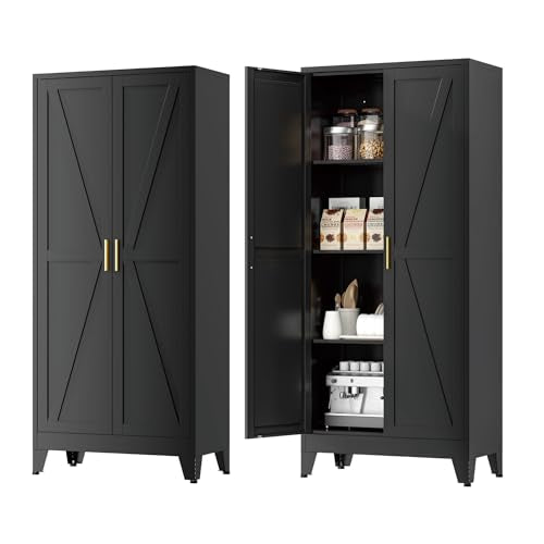 Farmhouse Pantry Cabinet with Barn Doors,61" H x 27.5" W,Metal Cabinet with Adjustable Shelves,4-Tier Storage Cabinet for Kitchen Dining Room Garage Office,Black 1 Pack - color: Black, size: 13.8"D x 27.5"W x 61"H