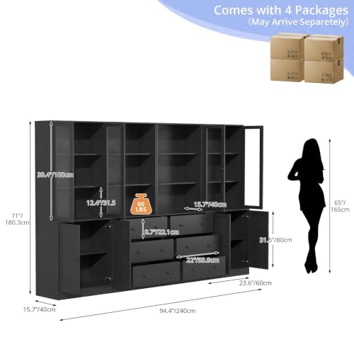 TUSY 71" H Bookshelf with Storage, 6-Tier Modern Bookshelves with 3 Large Drawer, Display Bookcase with Glass Doors, Modern 5-Tier Curio Cabinet for Home Office, Dining Room (Black, ABBA) - color: Black