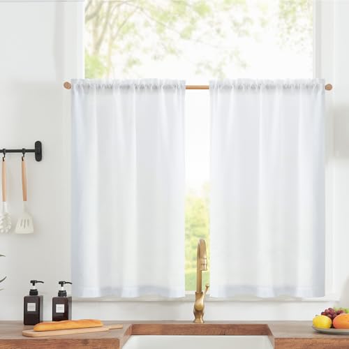 jinchan Linen Textured Tier Curtains 24 Inch for Kitchen Windows Farmhouse Cafe Curtains Small Drapes Rustic Light Filtering Half Window for Living Room Laundry Rod Pocket 2 Panels White - color: Linen Blend White, size: 26"W x 24"L (Pack of 2)