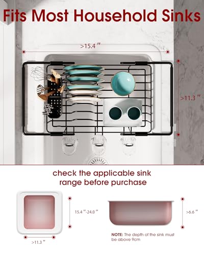 Sakugi Dish Drying Rack in Sink - Expandable Stainless Steel Dish Rack Over The Sink, Kitchen Sink Drain Strainer with Cutlery Holder & Cup Holders, 15.4 x 11.3 x 6.6 Inch, Black - color: Black, size: Large - 15.4" x 11.3" x 6.6"