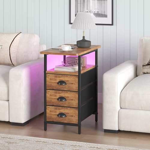 sthmec End Table with Charging Station,LED Side Tables with USB Ports and Outlets,Narrow Nightstands Bedside Tables with 3 Fabric Drawers for Small Space,Slim Sofa Table for Livingroom, Rustic Brown - color: Rustic Brown, size: 11.75'' W*21'' D* 24.3'' H,