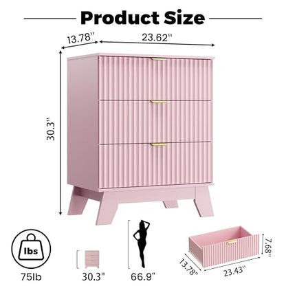Night Stand Set 2, Bedside Table & End Table, Mid Century Modern Fluted Wood Nightstand with 3 Drawers & Metal Handles, Farmhouse Nightstand for Bedroom, Pink - color: Pink, style: 3 Drawers-2 PCS