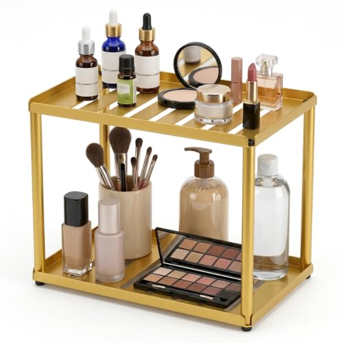 2 Tier Bathroom Counter Organizer, Rectangular Vanity Organizer Shelf, Skincare and Makeup Countertop Storage Rack for Kitchen, Bathroom, Bedroom (Gold) - color: Gold
