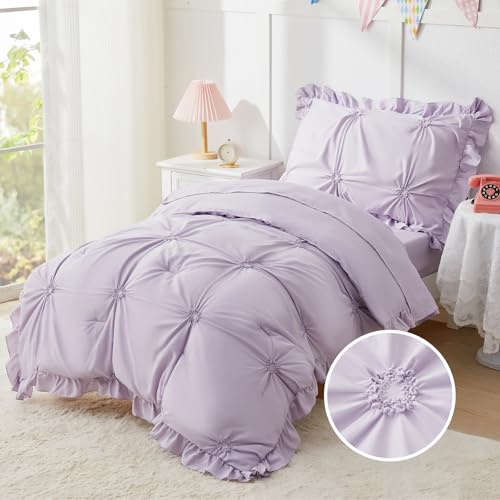 Princess Toddler Bedding Set for Girls, 4 Piece Ruffles Jacquard Embroidery Toddler Bed Sheets with Boho Toddler Comforter, Fitted Sheet, Flat Sheet and Pillowcase, Purple - color: Purple, size: Toddler