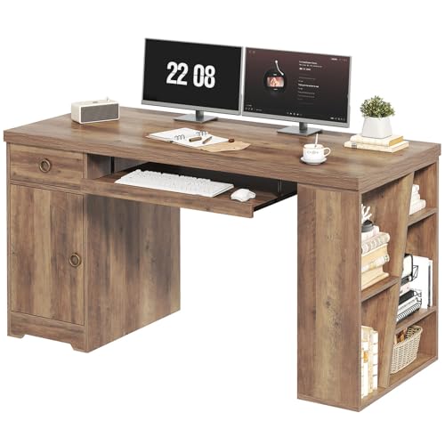 HSH Office Desk with Drawers, Farmhouse Computer Desk with Keyboard Tray | 55 Inch Rustic Wood Work Study Writing Pc Executive Table Studio Desks Home Workstation with Storage Shelves and Cabinet - color: Rustic Oak
