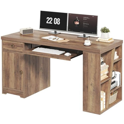 HSH Office Desk with Drawers, Farmhouse Computer Desk with Keyboard Tray | 55 Inch Rustic Wood Work Study Writing Pc Executive Table Studio Desks Home Workstation with Storage Shelves and Cabinet - color: Rustic Oak