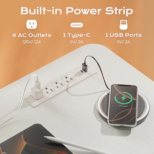 Huuger 전원 콘센트 및 USB-C 포트가 있는 전기 스탠딩 데스크, 119.9 x 61cm(47 x 24인치) 높이 조절 가능한 책상, 홈 오피스, 컴퓨터 및 게이밍 책상용 앉은 스탠드 데스크, 4개의 프리셋, 안정적인 스틸 프레임, 화이트 - color: 화이트., size: 47.2 x 23.6 inch