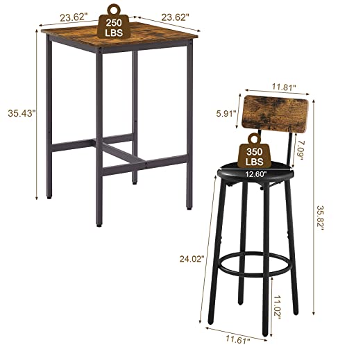 KIVENJAJA Bar Table and Chairs Set for 2, 3-Piece Small Square Pub Bistro Table and Upholstered Stools with Backrest, Counter Height Dining Table Set for Kitchen Small Space, Rustic Brown - color: Rustic Brown, size: 3pcs-Square Table