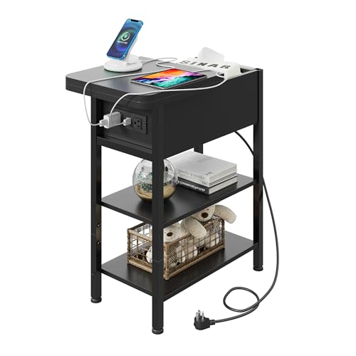 WLIVE 3-Tier End Table with Charging Station Flip Top Narrow Nightstand | 2 USB Ports+2 AC Outlets; Flip Top Hidden Storage; 2 Open Shelves; Small Space Living Room Bedroom; Sturdy Carbon Steel Frame - color: Black