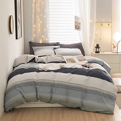 LifeTB 100% Cotton Boy Stripe Duvet Cover Twin White Blue Gray Stripe Comforter Cover Modern Soft Geometric Stripe Bedding Set Simple Style Men Adults Duvet Quilt Cover with 2 Pillowcases - color: A3# Modern Stripe, size: Twin(68"x86")