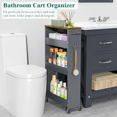 XYZLVSI Slim Storage Cart, Narrow Kitchen Rolling Cart for Small Spaces | 5.9" W skinny storage cart, 12.4" bottom metal utility cart with 360° swivel wheels for bathroom/laundry, slim shelf, Gray - size: 5.9IN-Gray