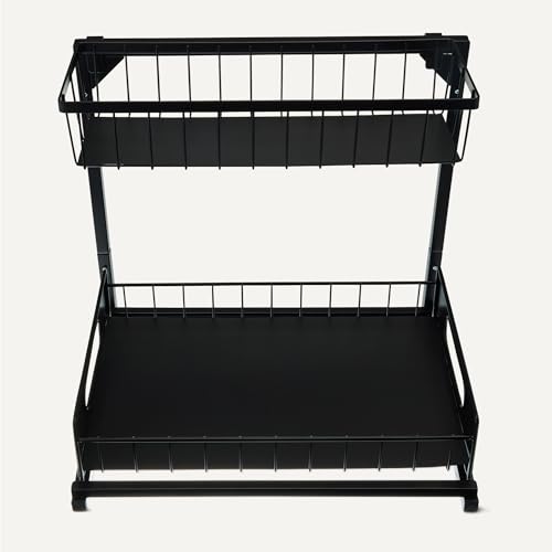 Amazon Basics L-Shape Under Sink Storage Pull Out Cabinet Organizer, Space-Saving Design, Durable and Rust-Resistant, Black, Pack of 2