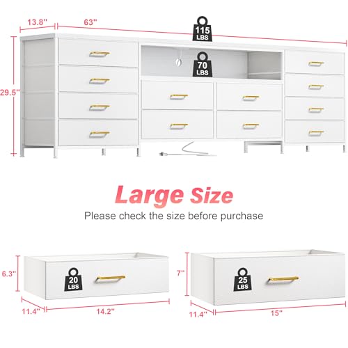 EnHomee 12 Drawers Dresser for Bedroom,TV Stand Fits 55/65/70 inch TVs | Entertainment Center with LED Lights & Power Outlets,Long Fabric Dresser with 2 Wood Shelves for Living Room,White PU Leather - color: White