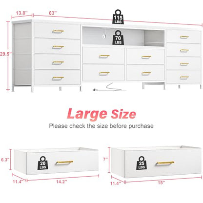 EnHomee 12 Drawers Dresser for Bedroom,TV Stand Fits 55/65/70 inch TVs | Entertainment Center with LED Lights & Power Outlets,Long Fabric Dresser with 2 Wood Shelves for Living Room,White PU Leather - color: White