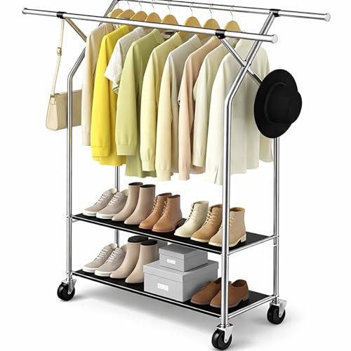 HAPPY CHEERS Heavy Duty Clothes Rack,Double Rods Clothing Rack for Hanging Clothes,Rolling Clothing Racks with Wheels,Metal Garment Rack for Bedroom Laundry Living Room,Silver | Double Rods Clothing Rack for Hanging Clothes, Rolling Clothing Racks with Wh